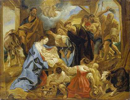 牧羊人的崇拜`The Adoration of the Shepherds (ca. 1653) by Jacob Jordaens
