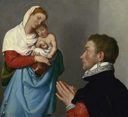 一位在圣母玛利亚面前受到崇拜的绅士`A Gentleman in Adoration before the Madonna (c. 1560) by Giovanni Battista Moroni