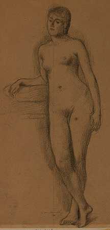 裸体女性站立，正面，肘部和右前臂支撑`Femme nue debout, de face, coude et avant~bras droit appuyés (1886~1889) by Pierre Puvis de Chavannes