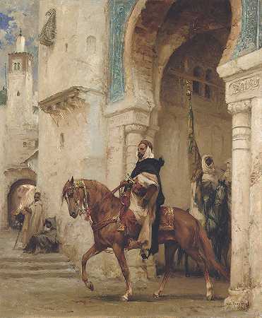 骑士离开宫殿`Horseman Leaving A Palace (1902) by Henri Émilien Rousseau