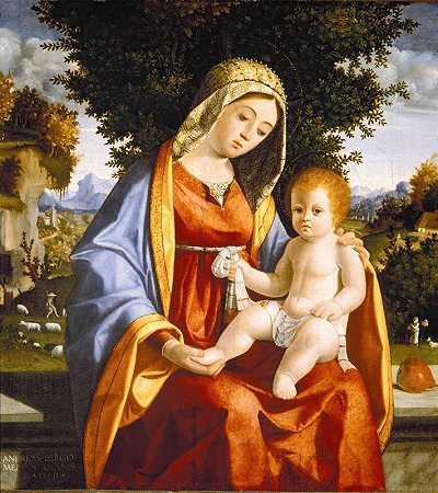 风景中的麦当娜和孩子`Madonna and Child in Landscape (between late 15th and early 16th century) by Andrea Previtali