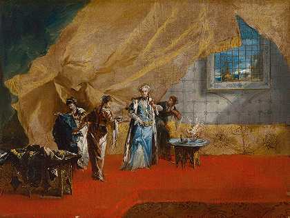 室内，一位苏丹娜在后宫喝咖啡`Interior,A Sultana taking Coffee in the Harem (1742) by Giovanni Antonio Guardi