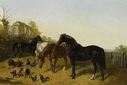 马和鸡`Horses And Chickens by John Frederick Herring Jr.