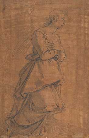 大天使加布里埃尔跪在右边左下角头部的小型研究`The Archangel Gabriel Kneeling to the Right; Small Study of Head at Lower Left (16th century) by Jacopo da Empoli