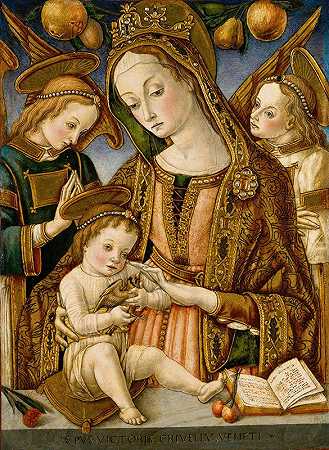 麦当娜和两个天使的孩子`Madonna and Child with Two Angels (ca. 1481–82) by Vittore Crivelli