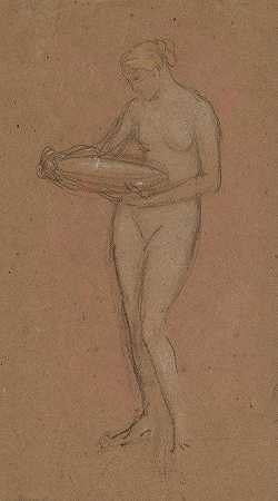 举着碗的裸体站立女性（直肠）`Standing Female Nude Holding a Bowl (recto) (1868~1873) by James Abbott McNeill Whistler