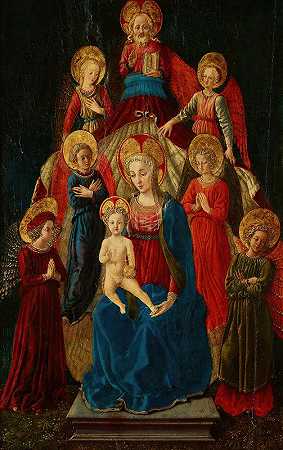 童贞女和孩子与父神和六位天使坐在一起`Virgin and Child Enthroned with God the Father and Six Angels (15th Century) by Master of Pratovecchio