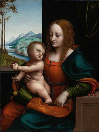窗边的圣母和孩子，樱桃中的麦当娜`The Virgin And Child By A Window, Madonna Of The Cherries by Giampietrino (Giovanni Pietro Rizzoli)