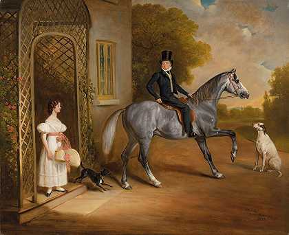 克洛威尔·巴特勒（Cropwell Butler）说，约翰·马里奥特（John Marriott）大师骑着一匹灰马，带着他的妹妹安妮斯（Annis）和他们的狗在榆树外`Master John Marriott on a grey horse, with his sister Annis and their dogs outside the Elms, Cropwell Butler (1832) by John Ferneley