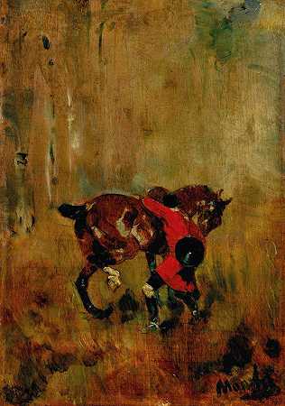 赛马骑手牵着马`Cavalier de chasse à courre ressanglant son cheval (1880) by Henri de Toulouse-Lautrec