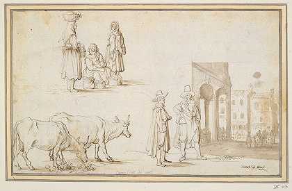 对两头奶牛、人物和街景的研究`Studies of Two Cows, Figures, and Street Scene (ca. 1625–35) by Cornelis De Wael