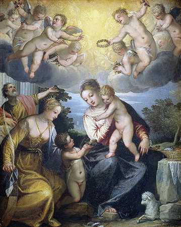 女子和孩子，浸礼会小约翰和圣凯瑟琳`Virgin and Child with young John the Baptist and Saint Catherine (1604) by Hans Rottenhammer