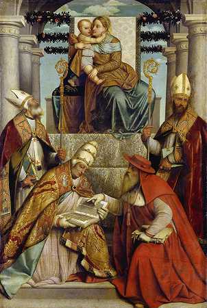 圣母和圣子与拉丁教会的四位父亲坐在一起`Virgin and Child Enthroned with the Four Fathers of the Latin Church (ca. 1540 – 1550) by Moretto Da Brescia