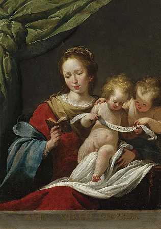 圣母玛利亚的读物，基督的孩子和婴儿圣约翰的浸信会`The Madonna Reading, With The Christ Child And Infant Saint John The Baptist by Bernardo Strozzi
