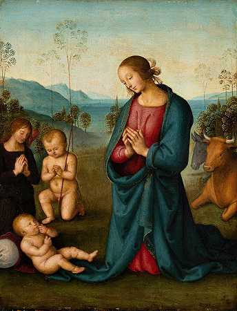 麦当娜，婴儿圣约翰和天使，崇拜基督的孩子`Madonna, the Infant St. John and an angel, worshiping the Christ Child (ca. 1510) by Pietro Perugino