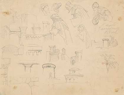 中世纪防御结构草图和戴头巾的男性人物`Sketches of medieval defensive structures and male figures with turbans (1861~1867) by Józef Simmler
