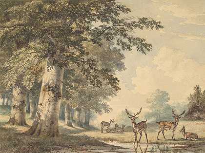 冬天山毛榉树下的鹿`Deer under Beech Trees in Winter (1853) by Hendrik Gerrit ten Cate