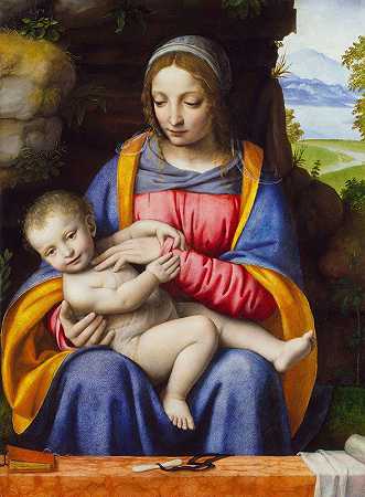 风景中的女子和孩子`The Virgin and Child in a Landscape (c.1520) by Bernardino Luini