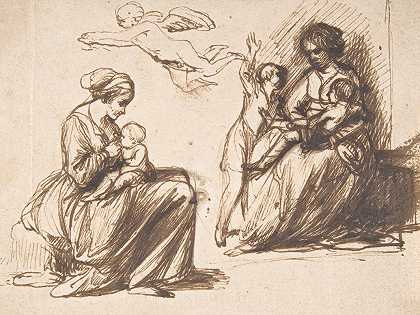 书单上有两个坐着的孩子和一个天使`Study Sheet with Two Seated Children and an Angel (early 17th century) by Hendrick Goudt