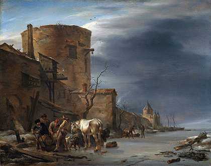 冬天的哈勒姆城墙`The City Wall of Haarlem in the Winter (1647) by Nicolaes Pietersz. Berchem
