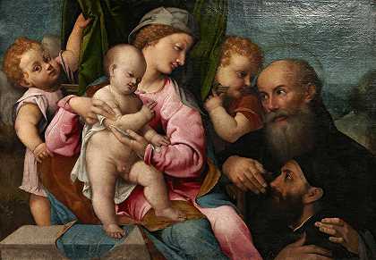 女子和天使之子，圣安东尼和捐赠者`Virgin and Child with Angels, Saint Anthony, and Donor by Francesco Torbido