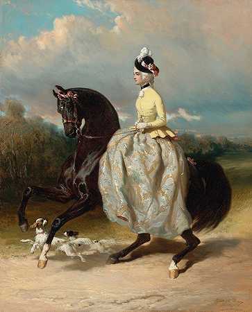 穿西装的女人玛丽·安托瓦内特骑着一匹摇摇晃晃的马`Femme En Costume Marie Antoinette Sur Un Cheval Caracolant by Alfred De Dreux