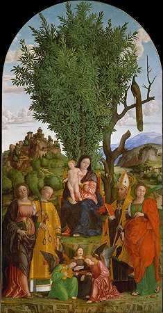 麦当娜和圣徒之子`Madonna and Child with Saints (ca. 1520) by Girolamo dai Libri