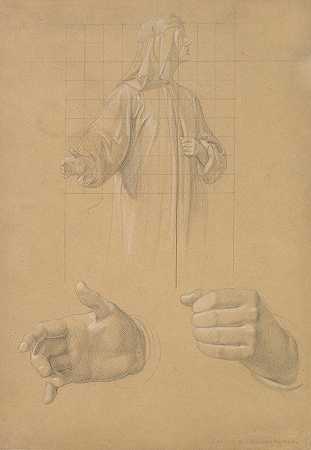 研究一个戴头巾的站着的人和两个研究他的手`Study of a Standing Man with Headcloth and Two Studies of his Hands (early to mid~19th century) by Wilhelm von Schadow