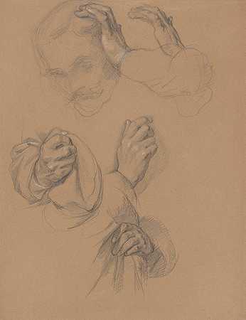 达勒维茨的格涅沃斯的头像和手的研究对Jagiełło和的研究让我们一起来画贾德维加女王她的誓言`Sketch of head and studies of hands of Gniewosz of Dalewice; studies of Jagiełłos hands for the painting ;Queen Jadwigas Oath (1867) by Józef Simmler