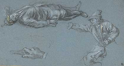 研究两名士兵和一只手`Study of Two Soldiers and a Hand (17th century) by Adam Frans van der Meulen