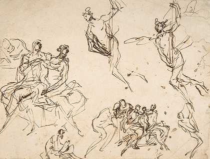 对一组坐像和一个飞行像的研究`Studies of a Group of Seated Figures and of a Flying Figure (1612–75) by Domenico Gargiulo