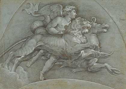 骑着海马和狮子的有翼推杆`A Winged Putto Riding a Sea Horse and a Lion (1574) by Denys Calvaert
