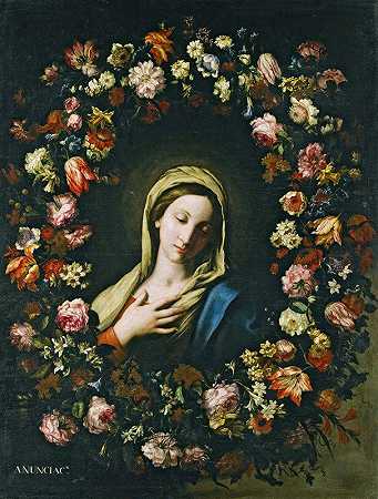 围绕着圣母玛利亚的花环`A Flower Garland Surrounding The Virgin Annunciate by Francesco Caldei