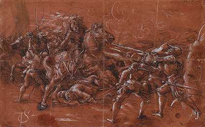 骑兵和步兵之间的战斗`Fight between horsemen and infantry (1575) by Tobias Stimmer