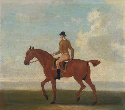 马的四幅肖像之一，一匹栗色赛马，骑师向上走到左边骑师我。。。`One of Four Portraits of Horses, a Chestnut Racehorse with Jockey Up~ walking to the left; jockey i… by James Seymour