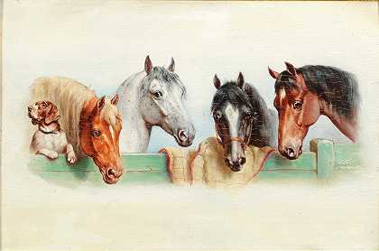 一条狗和四匹马`Ein Hund und vier Pferde by Carl Reichert