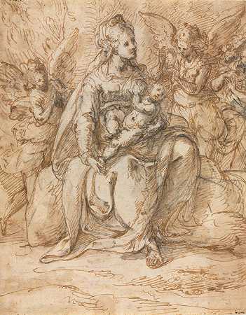 麦当娜与天使之子`Madonna and Child with Angels (late 1500s) by Aurelio Luini