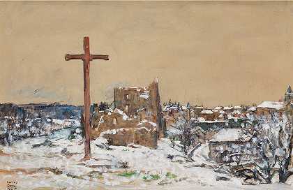 在冬天的山顶上穿越`Cross on a Winter Hilltop (1918) by Harvey T. Dunn