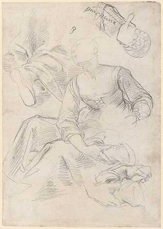 研究胳膊和腿的坐着的女人`Seated Woman with Studies of Arms and Legs (ca. 1600–1610) by Aurelio Lomi