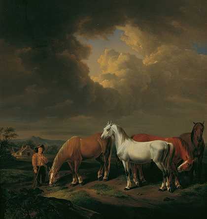 五匹农场马`Fünf Ackerpferde (1830) by Johann Baptist Dallinger von Dalling