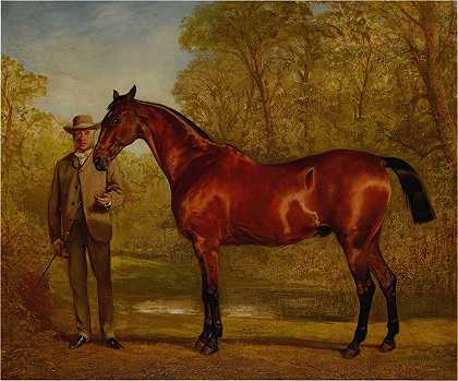 詹姆斯·霍尔顿先生和他最喜欢的猎人在一片风景中`Mr. W. James Holden With His Favorite Hunter In A Landscape by Alfred Chantrey Corbould