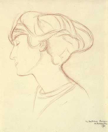 女性头像（帕提尼娅·帕萨诺）侧面偏左`Womans head (Parthenia Passano) in profile to the left (1911) by William Rothenstein
