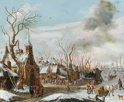 有市场的冬季景观`A winter landscape with a market scene by Salomon Rombouts