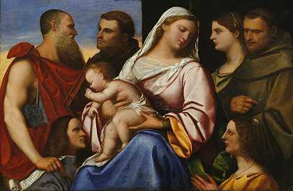 麦当娜和孩子与圣徒和捐赠者`Madonna and Child with Saints and Donors by Sebastiano del Piombo
