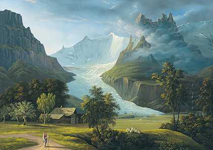 格林德瓦尔德冰川的山峰有菲施赫纳和赫利格拉特`The Glacier Of Grindelwald With Mountain Peaks Fieschhörner And Hörnligrat by Johann Heinrich Bleuler