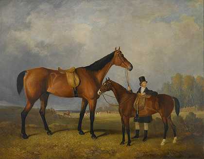 一个马夫拿着他的主人s马`A Groom With His Hack Holding His Masters Horse by Follower Of William Barraud
