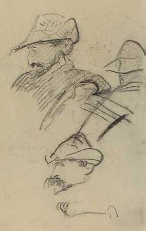 三项关于戴帽子男人的研究（recto）`Three Studies of a Man Wearing a Hat (recto) (1884~1888) by Paul Gauguin