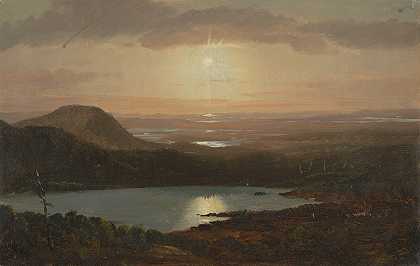 从缅因州沙漠山的凯迪拉克山俯瞰鹰湖`Eagle Lake Viewed from Cadillac Mountain, Mount Desert Island, Maine (1850–60) by Frederic Edwin Church
