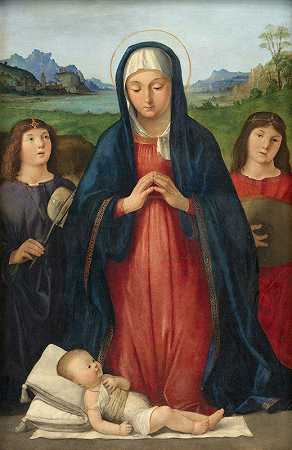 这个孩子崇拜基督`The Christ Child Worshipped by Mary (1479 ~ 1524) by Mary by Antonio Solario