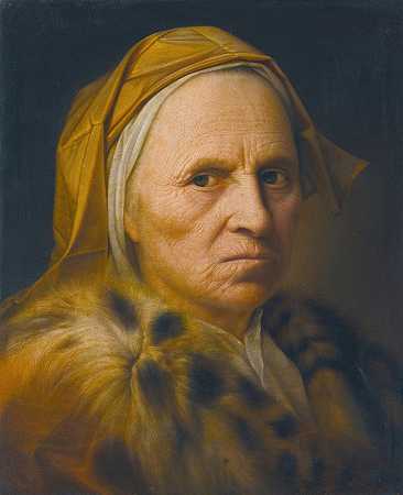 一位穿着毛皮大衣的老太太的肖像`Portrait Of An Old Lady Wearing A Fur Trimmed Coat by Balthasar Denner